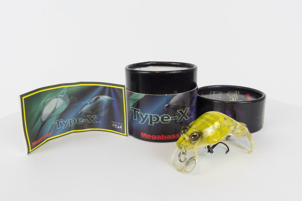 Megabass Type-X - 2005 - LCF (Lime Back Chart - Berry-Frog) - Discontinued rare fishing lure, new in original packaging. Front view of lure next to packaging and lure paper insert. 