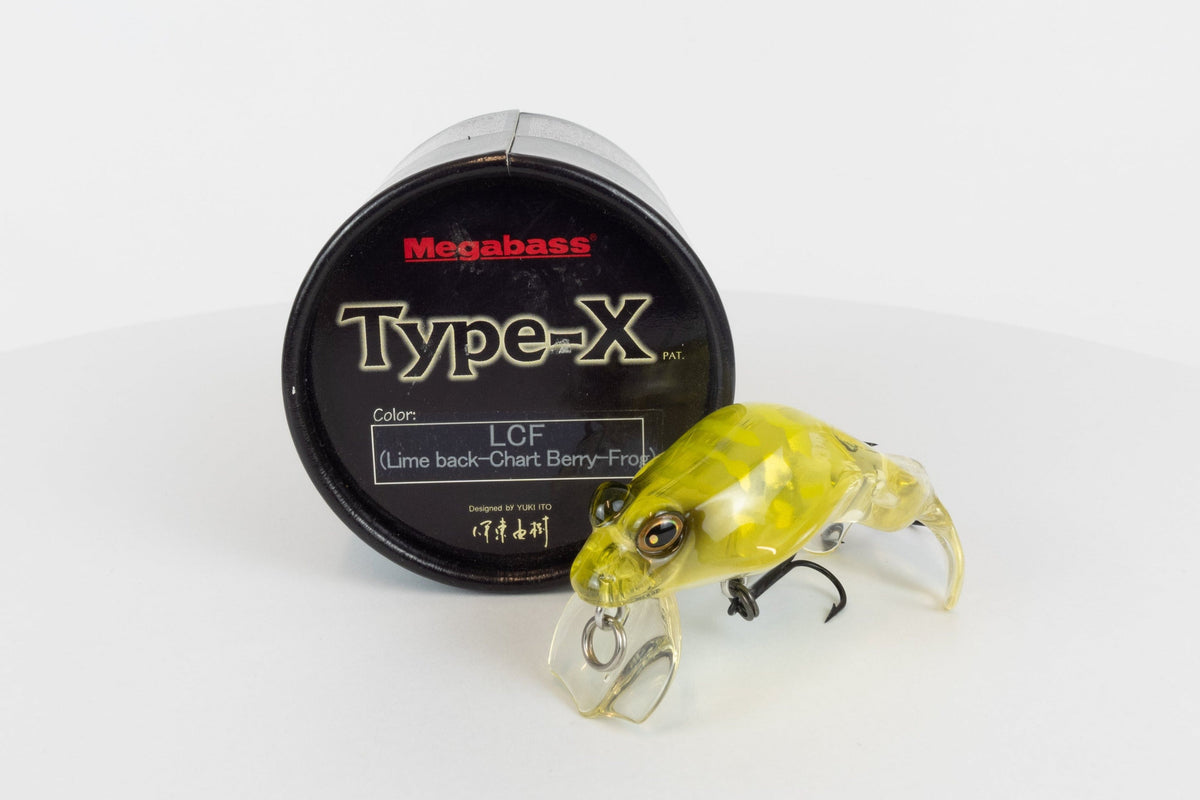 Megabass Type-X - 2005 - LCF (Lime Back Chart - Berry-Frog) - Discontinued rare fishing lure, new in original packaging. Front view of lure next to packaging. 
