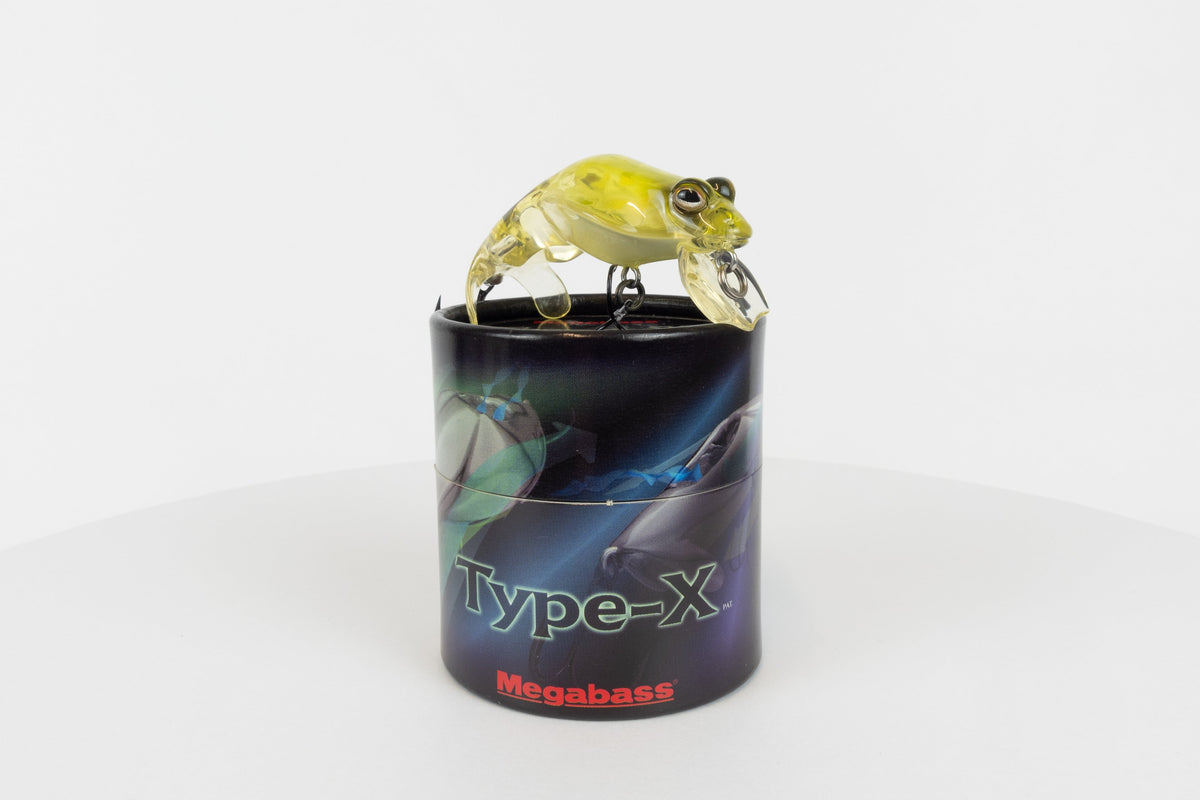 Megabass Type-X - 2005 - LCF (Lime Back Chart - Berry-Frog) - Discontinued rare fishing lure, new in original packaging. Front view of lure on top of packaging. 