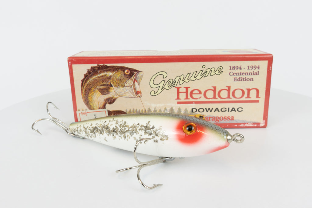 Heddon Dowagiac Zaragossa - 1894-1994 Centennial Edition - RHF colour, new with original packaging, side view of fishing lure with box