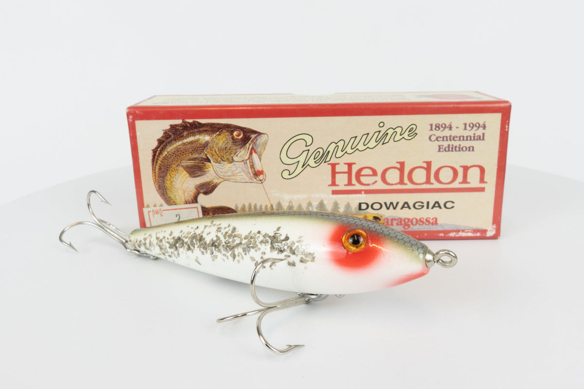 Heddon Dowagiac Zaragossa - 1894-1994 Centennial Edition - RHF colour, new with original packaging, side view of fishing lure with box