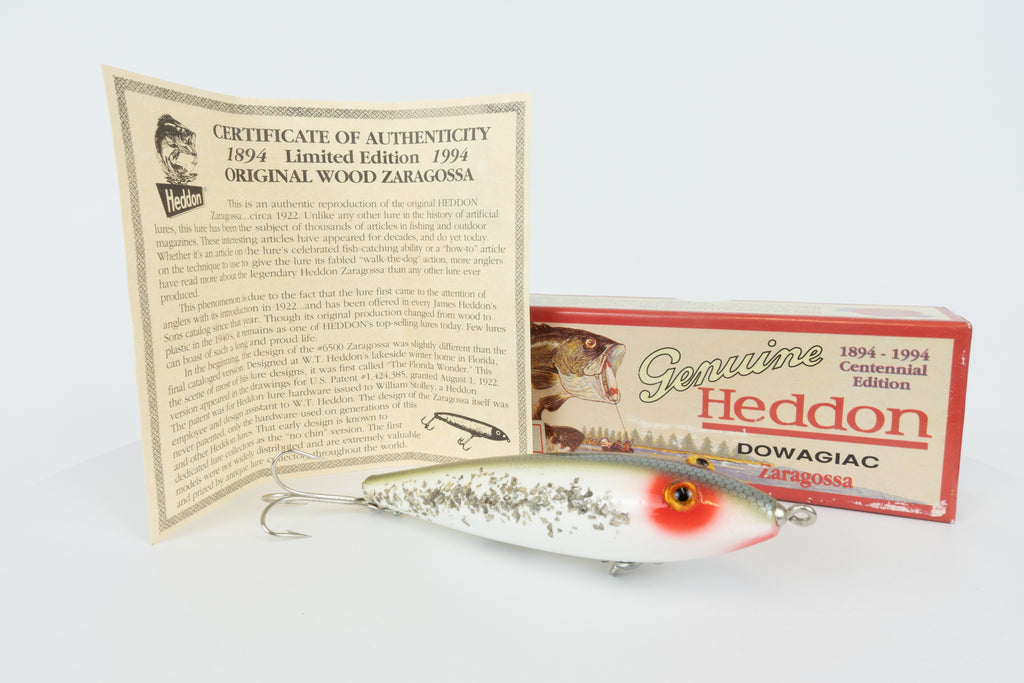 Heddon Dowagiac Zaragossa - 1894-1994 Centennial Edition - RHF colour, new with original packaging, side view of fishing lure with box and paperwork