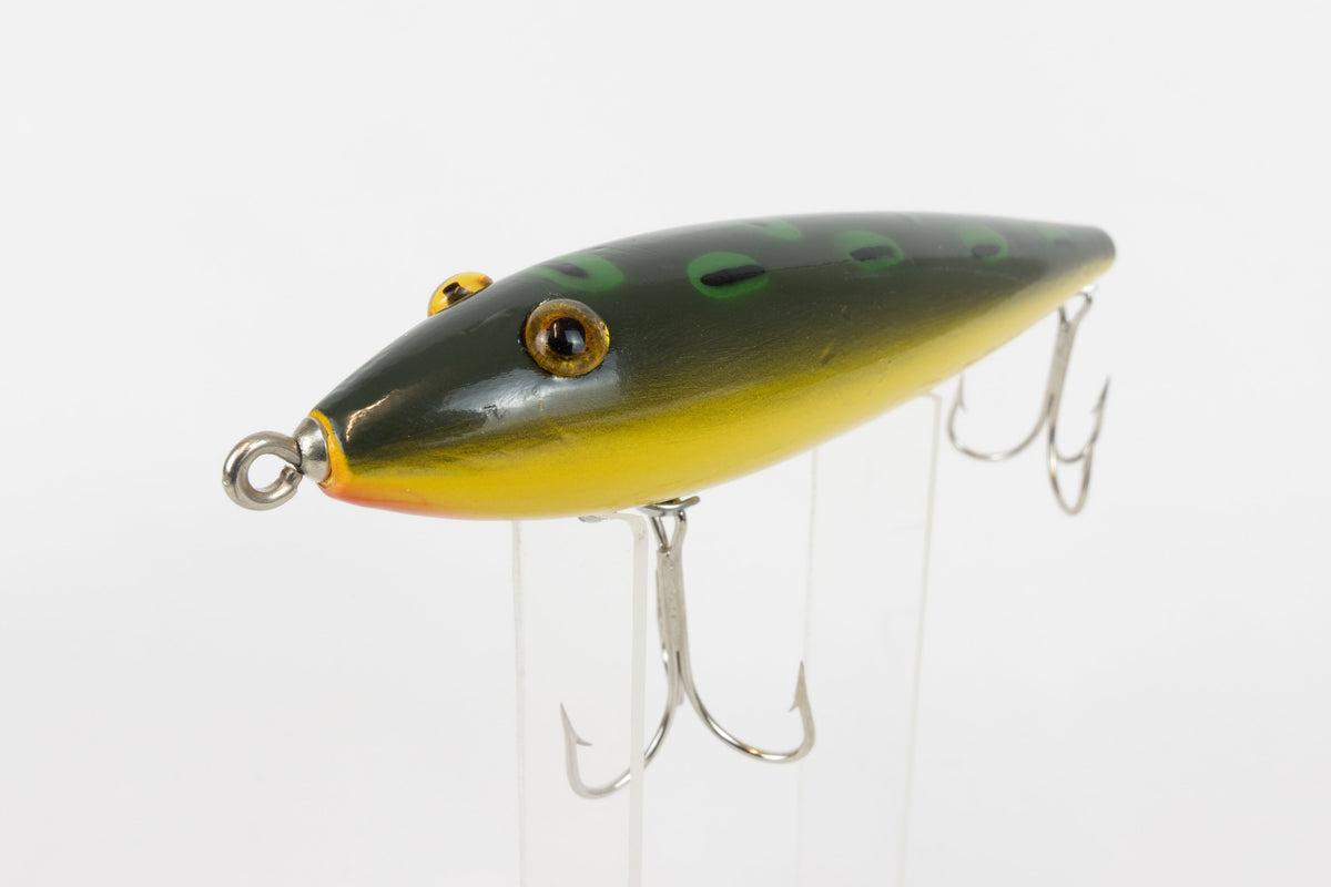 Heddon Dowagiac Zaragossa - 1894-1994 Centennial Edition - Bull Frog, new with original packaging, close up front view of fishing lure