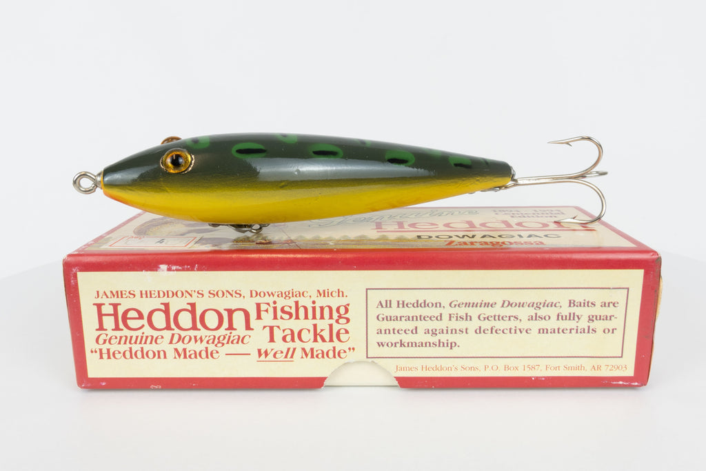 Heddon Dowagiac Zaragossa - 1894-1994 Centennial Edition - Bull Frog, new with original packaging, side view of fishing lure on box
