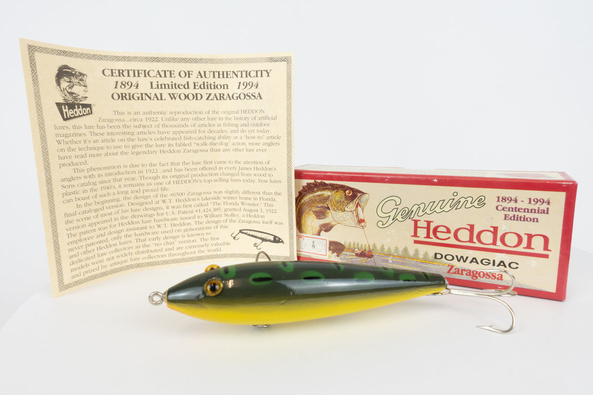 Heddon Dowagiac Zaragossa - 1894-1994 Centennial Edition - Bull Frog, new with original packaging, side view of fishing lure with original box and paperwork