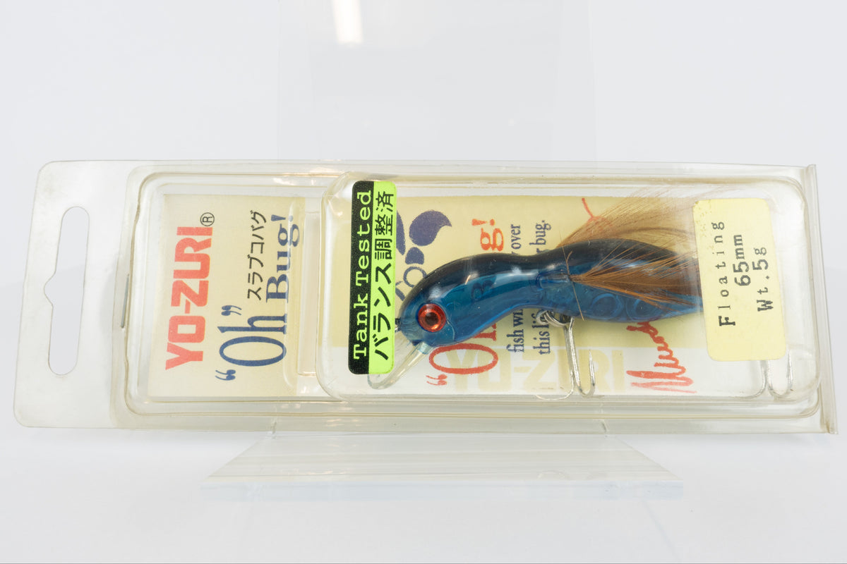 Yo-Zuri Slavko Bug - Clear Blue, vintage Japanese fishing lure, new in original packaging, front view. 