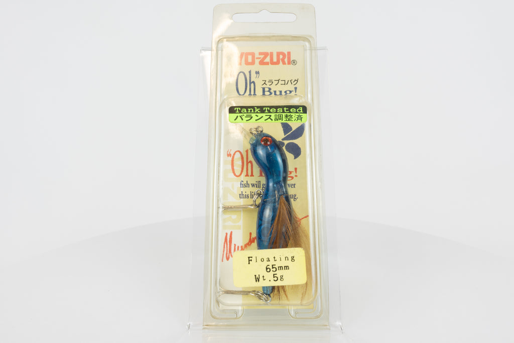Yo-Zuri Slavko Bug - Clear Blue, vintage Japanese fishing lure, new in original packaging, front view. 