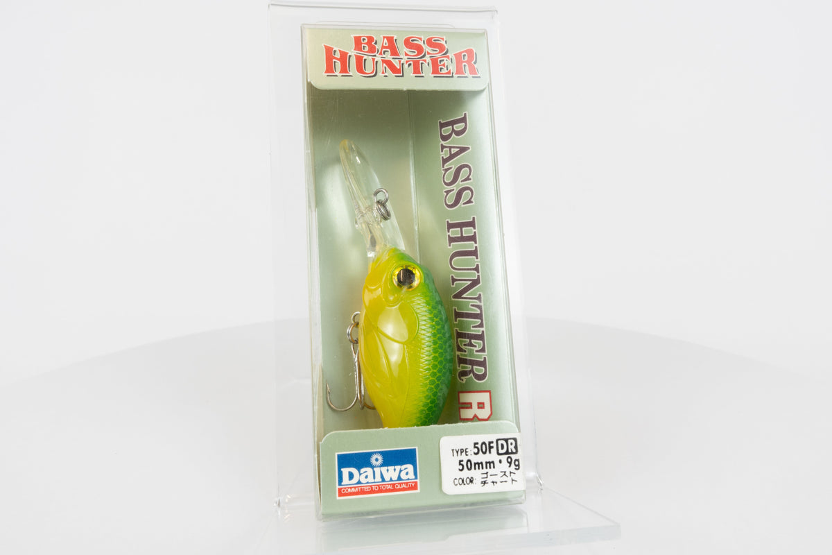 Daiwa Bass Hunter R 50F DR - Ghost Chart, Japanese made fishing lure, discontinued in original packaging, front view.