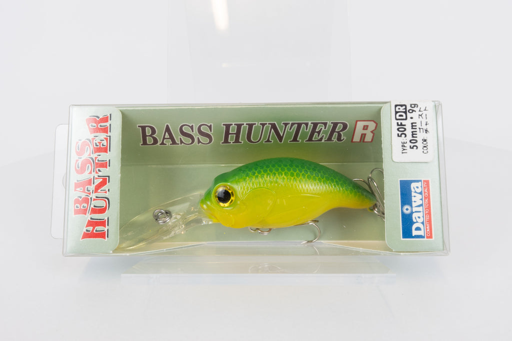 Daiwa Bass Hunter R 50F DR - Ghost Chart, Japanese made fishing lure, discontinued in original packaging, side view.