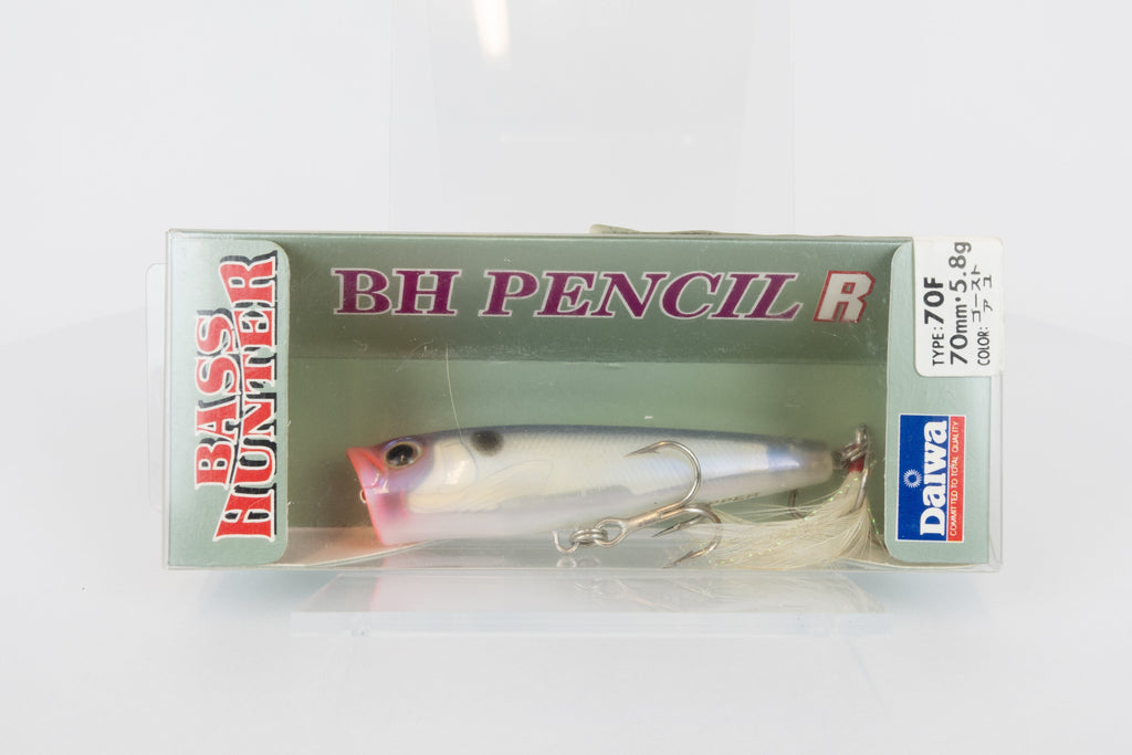 Daiwa Bass Hunter Pencil R 70F - Ghost Ayu, discontinued Japanese classic fishing lure, new in original packaging, front view.  