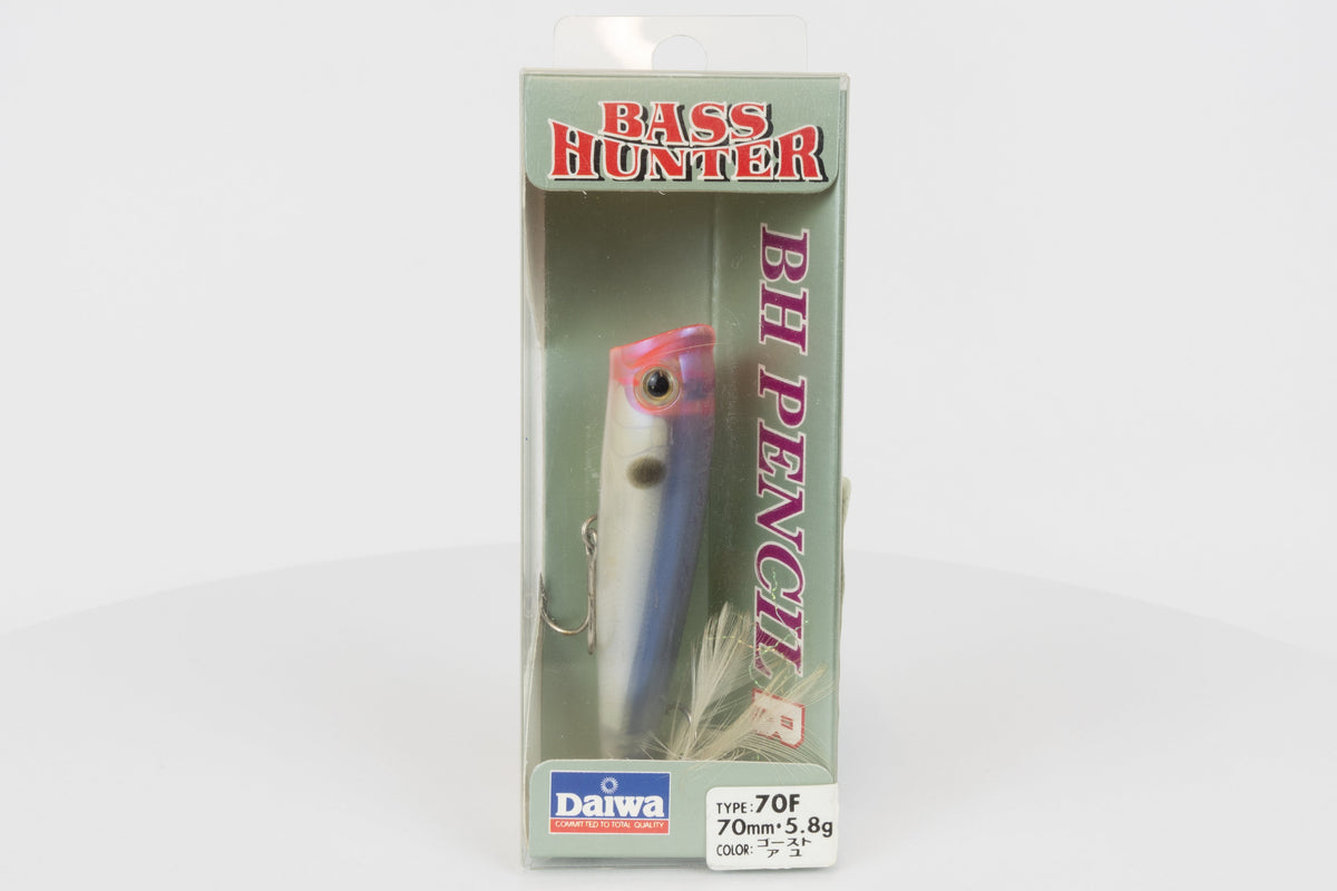 Daiwa Bass Hunter Pencil R 70F - Ghost Ayu, discontinued Japanese classic fishing lure, new in original packaging, front view.  