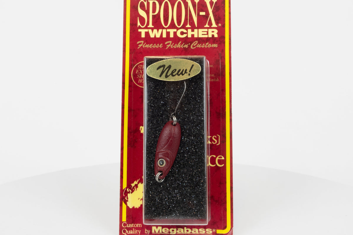 Megabass Spoon-X Twitcher - Azuki, discontinued Japanese made lure, new in original packaging, close up view.