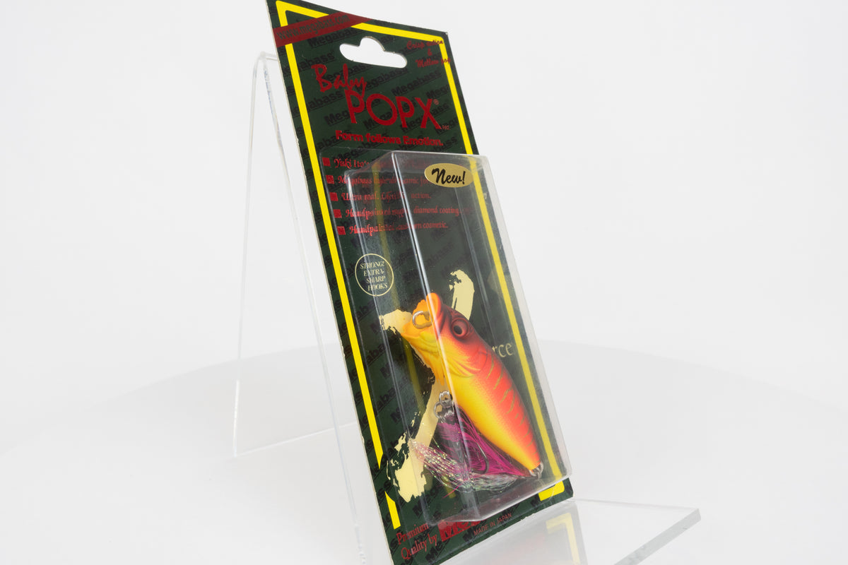 Megabass Baby Pop-X - 2012 - Aka Tora, 2012 stamped model in original packaging, side view. 