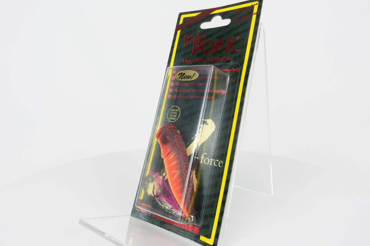 Megabass Baby Pop-X - 2012 - Aka Tora, 2012 stamped model in original packaging, side view. 