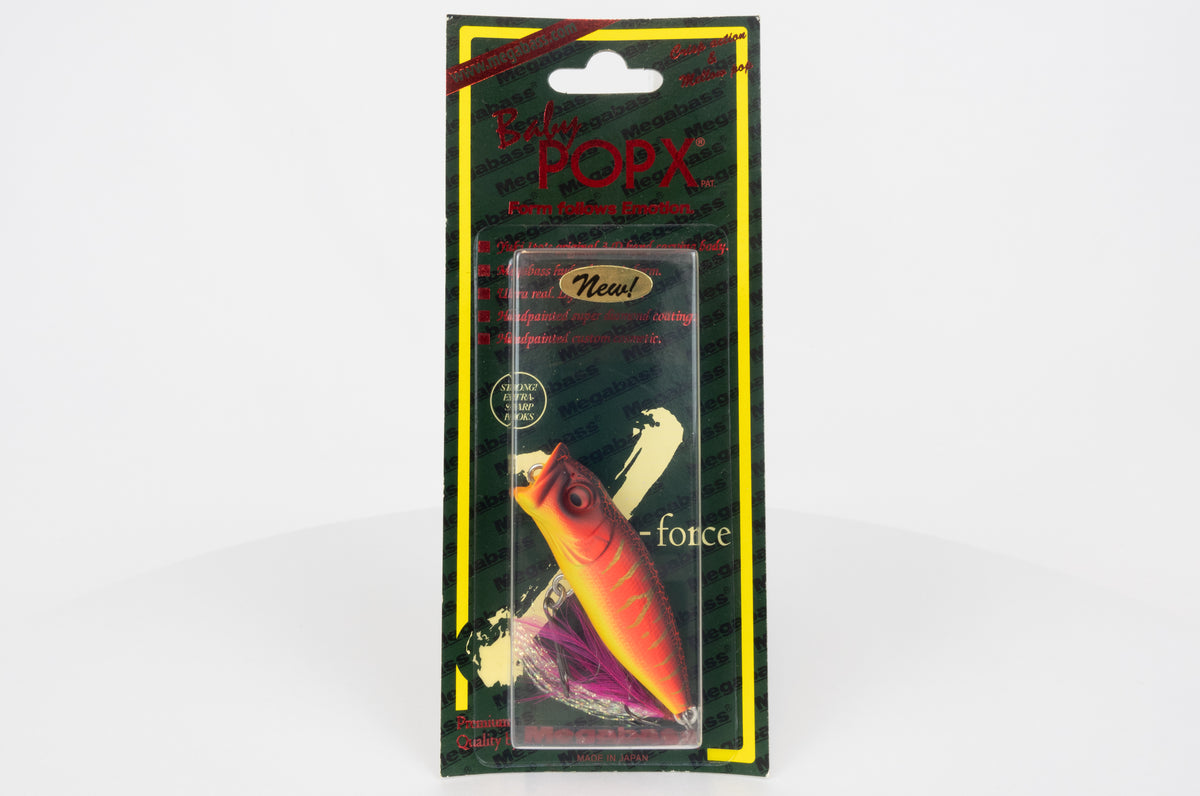Megabass Baby Pop-X - 2012 - Aka Tora, 2012 stamped model in original packaging, front view. 