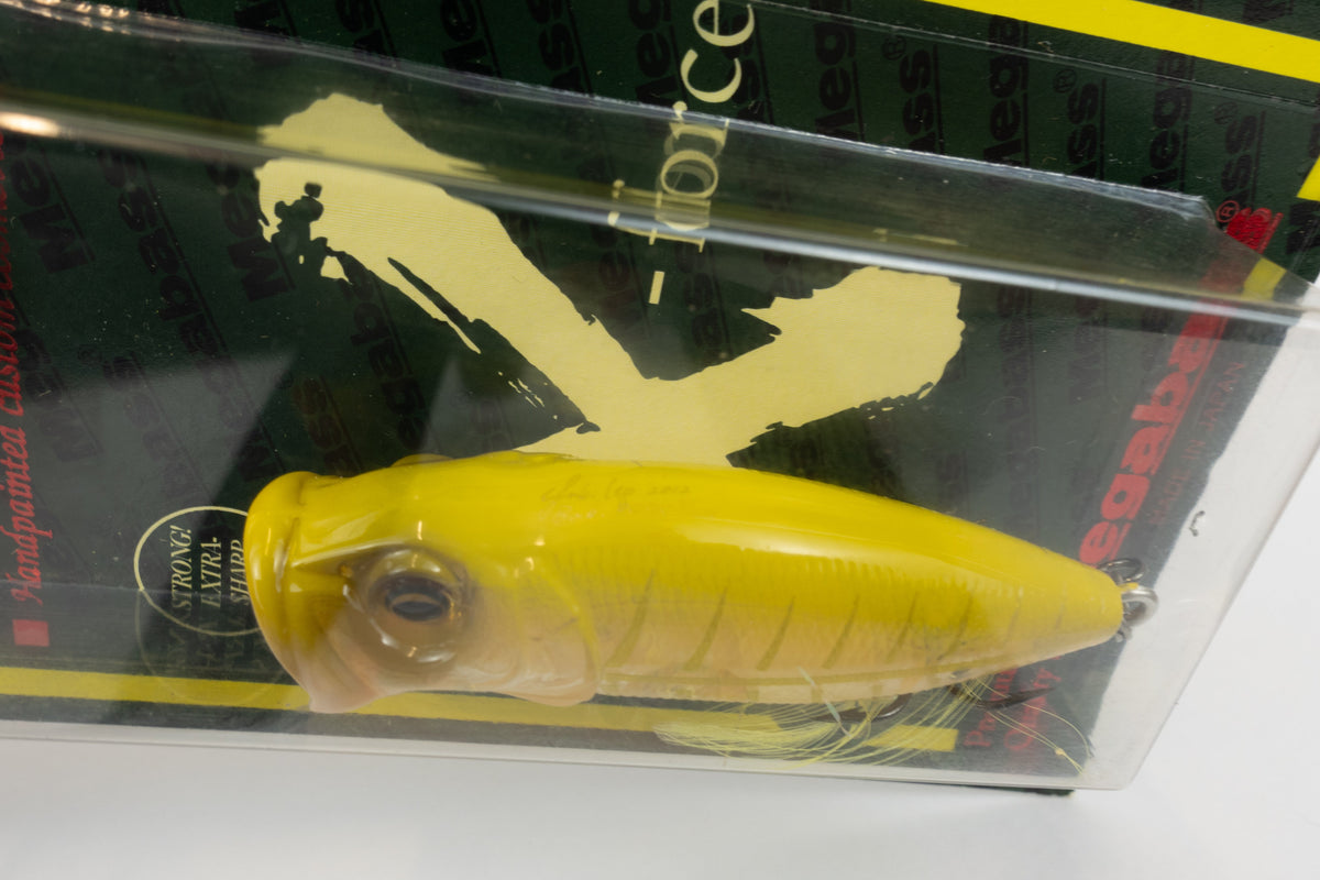 Megabass Baby Pop-X - 2012 - Modena Bone OB, 2012 stamped model in original packaging, stamp close up view. 