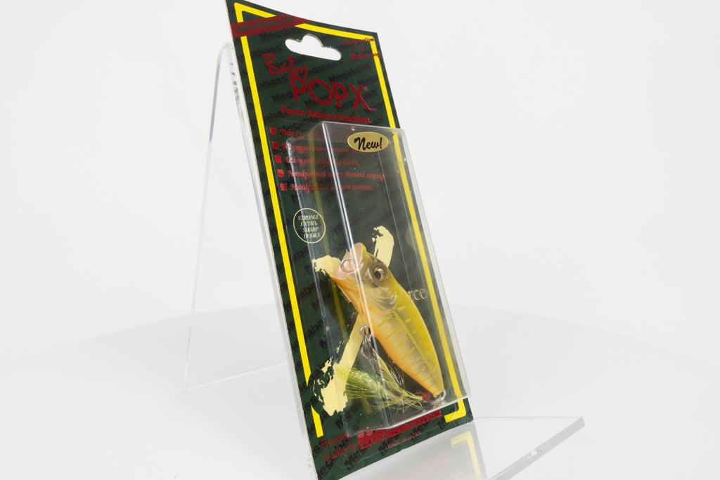 Megabass Baby Pop-X - 2012 - Modena Bone OB, 2012 stamped model in original packaging, side view. 