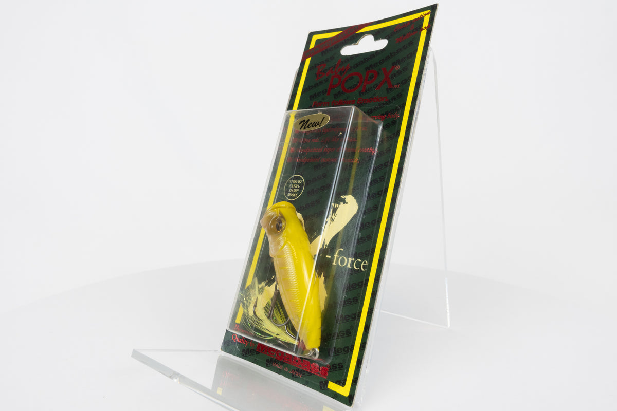 Megabass Baby Pop-X - 2012 - Modena Bone OB, 2012 stamped model in original packaging, side view. 