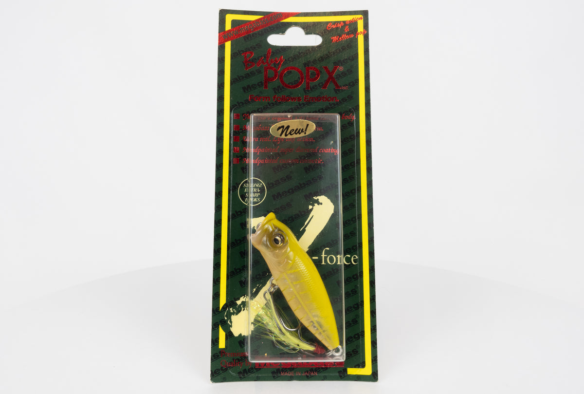 Megabass Baby Pop-X - 2012 - Modena Bone OB, 2012 stamped model in original packaging, front view. 
