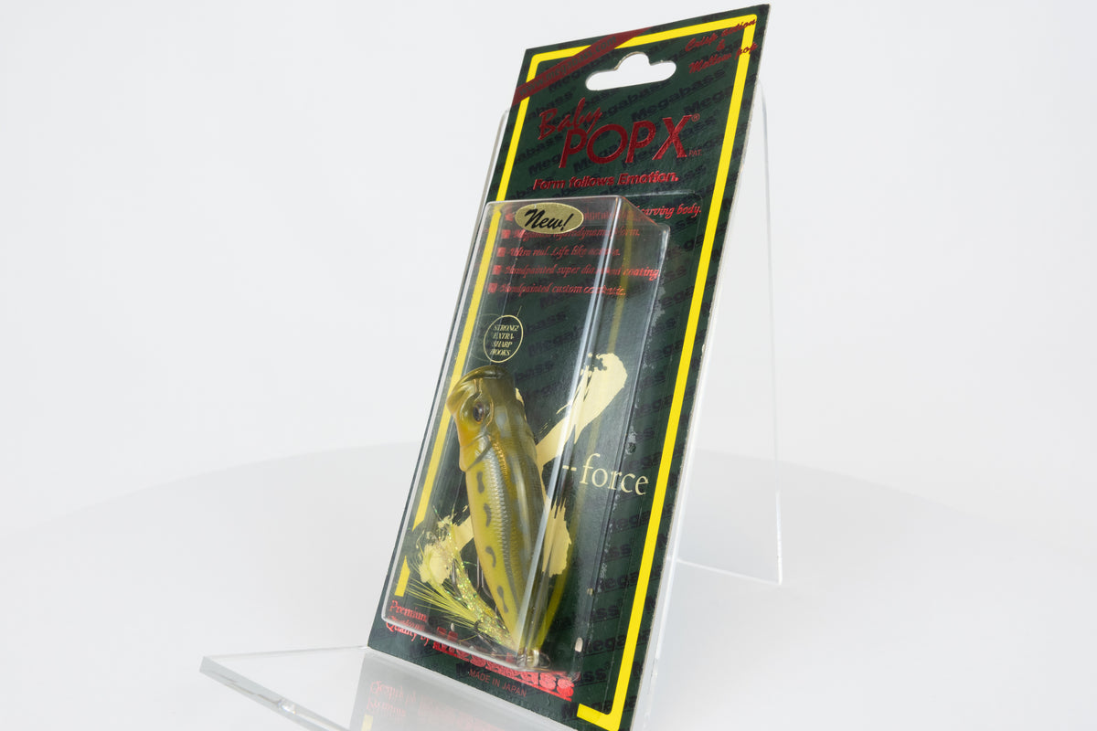Megabass Baby Pop-X - 2012 - Tonosama Frog, 2012 stamped model in original packaging, side view. 