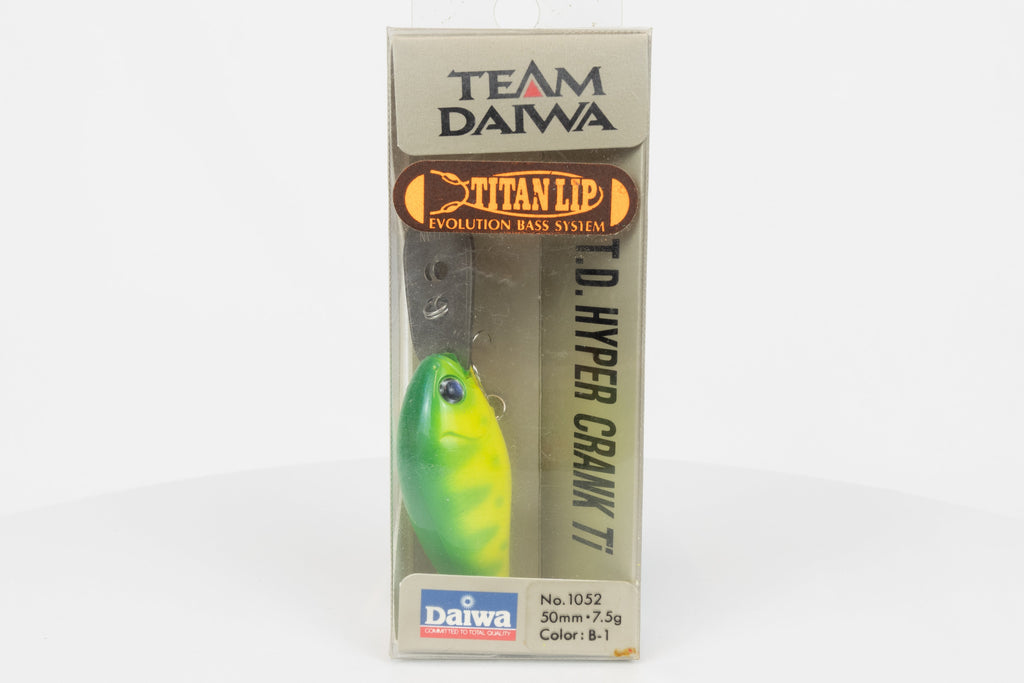 Team Daiwa T.D. Hyper Crank 1052Ti Chartreuse Tiger vintage crankbait in original packaging, front package view. 