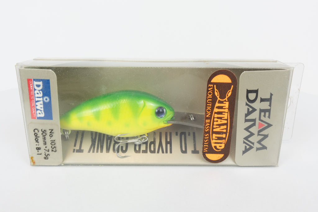 Team Daiwa T.D. Hyper Crank 1052Ti Chartreuse Tiger vintage crankbait in original packaging, front package view. 