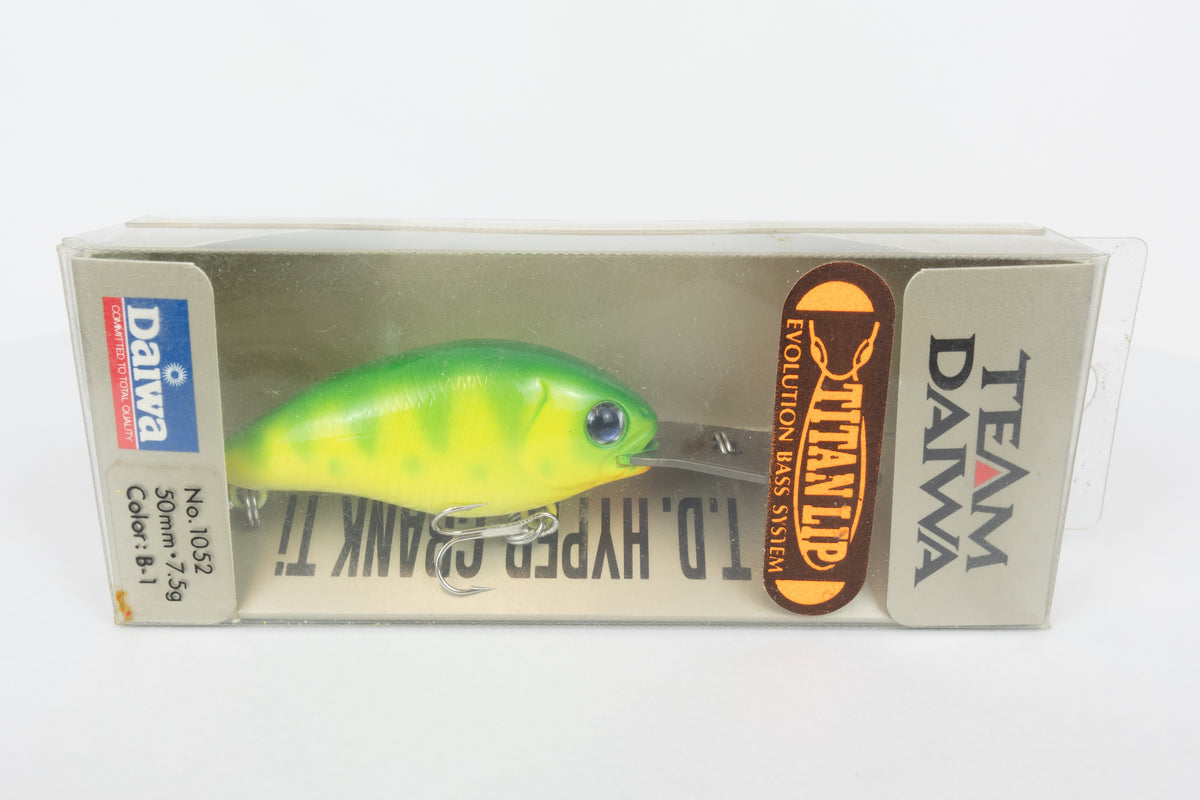 Team Daiwa T.D. Hyper Crank 1052Ti Chartreuse Tiger vintage crankbait in original packaging, front package view. 