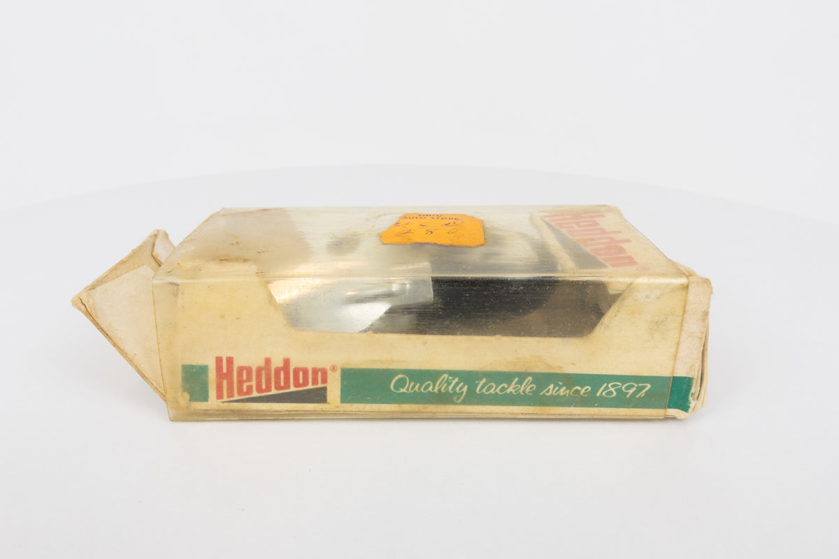 Heddon Tiny Crazy Crawler - BWH (Black, White Head) - Vintage lure in original packaging. View of side packaging. 