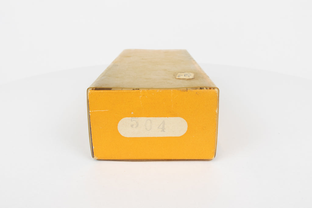 Bomber Bait Co. Bomber - vintage American fishing lure, near new condition in original packaging (aged), end view of lure box with colour stamp.