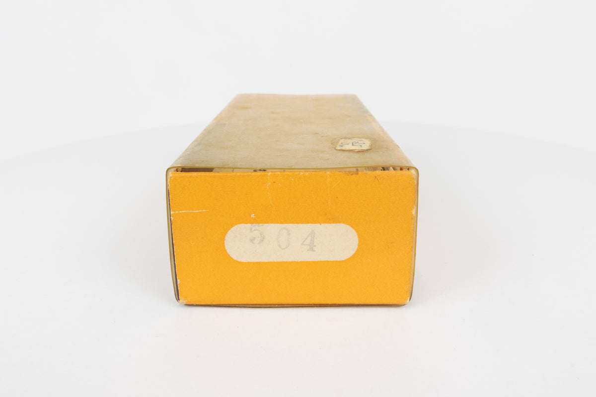Bomber Bait Co. Bomber - vintage American fishing lure, near new condition in original packaging (aged), end view of lure box with colour stamp.