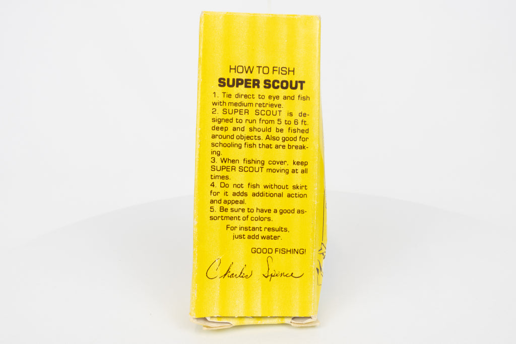 Strike King Super Scout 1/2oz. (Wood) - vintage American fishing lure, as new in original packaging (damaged), rear view of packaging.