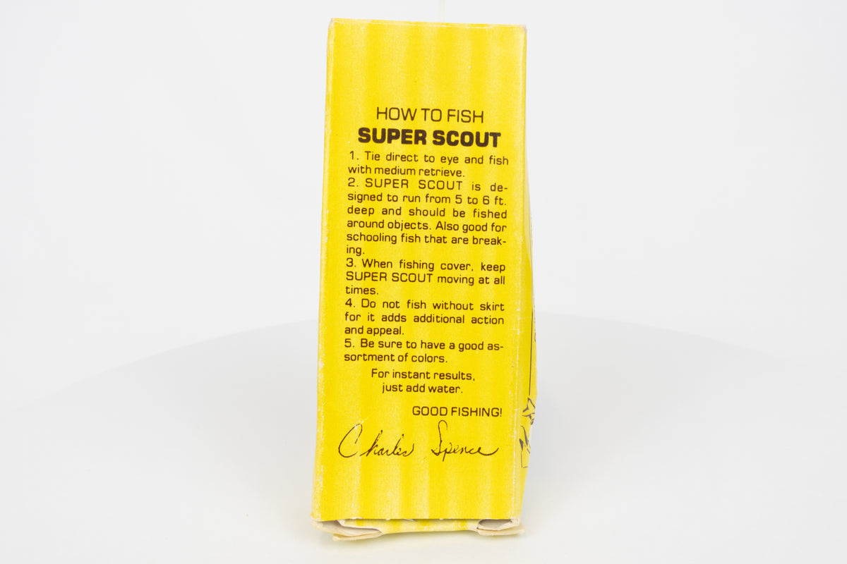 Strike King Super Scout 1/2oz. (Wood) - vintage American fishing lure, as new in original packaging (damaged), rear view of packaging.