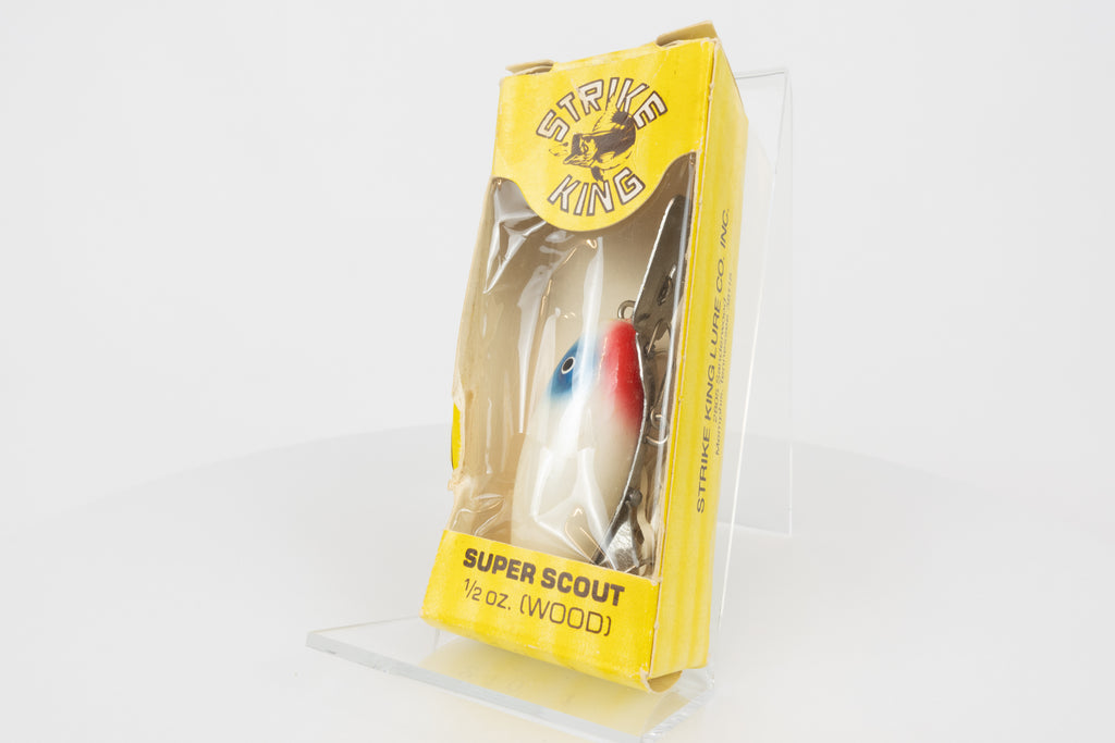 Strike King Super Scout 1/2oz. (Wood) - vintage American fishing lure, as new in original packaging (damaged), front view of lure in of packaging.
